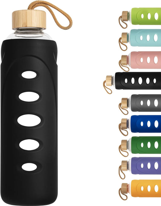 Sport 32oz Glass Water Bottle 1000ml /1 liter Borosilicate Glass Water Bottle Reusable Waterbottle Jugwith Silicone Sleeve and Unique Lid (Black