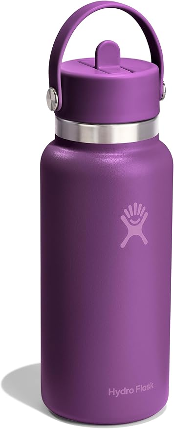 Hydro Flask Water Bottle - Insulated Stainless Steel - Wide Mouth Flex Straw Lid, Non Spill, Leakproof and Refillable in 32 Oz Beachplum Purple