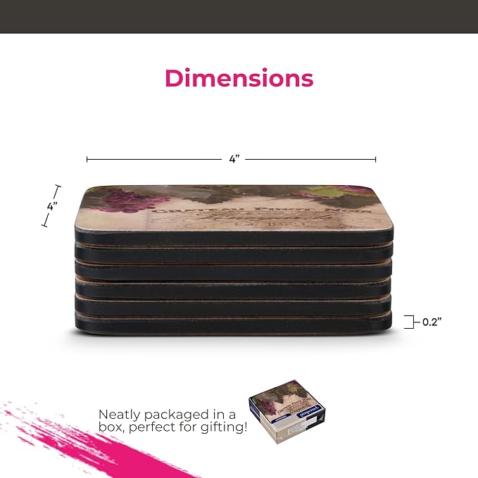 Pimpernel Portmeirion Toscana Coasters, Set of 4 – 4.25" Cork-Backed Boards Featuring Grape Artwork, Heat & Stain Resistant Lacquer Finish, Decorative Drink Mats for Wine Lovers & Coffee Tables