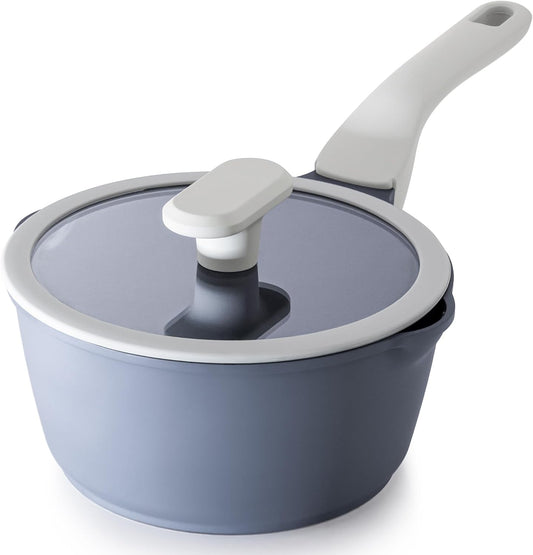 Nonstick Saucepan with Lid, 2 Quart Ceramic Sauce Pan, Non Toxic Sauce Pot with Pour Spouts for Multipurpose Use, PTFE, PFOA & PFAS Free, Induction Compatible.