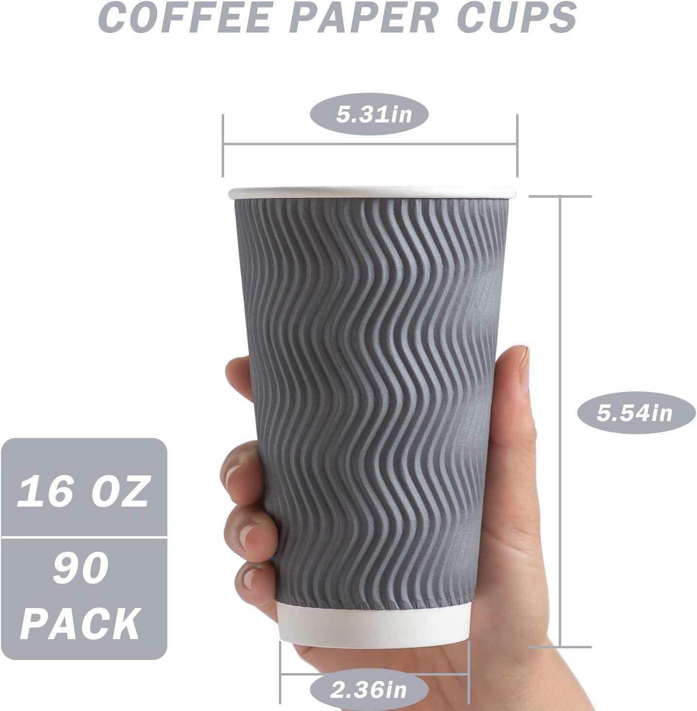 90 Pack 16 oz Disposable Coffee Cups No Lids, Gray Insulated Ripple Wall Paper Coffee Cups 16oz, Corrugated Beverage Paper Cups, To Go Cups for Hot Chocolate Tea Home Travel Office