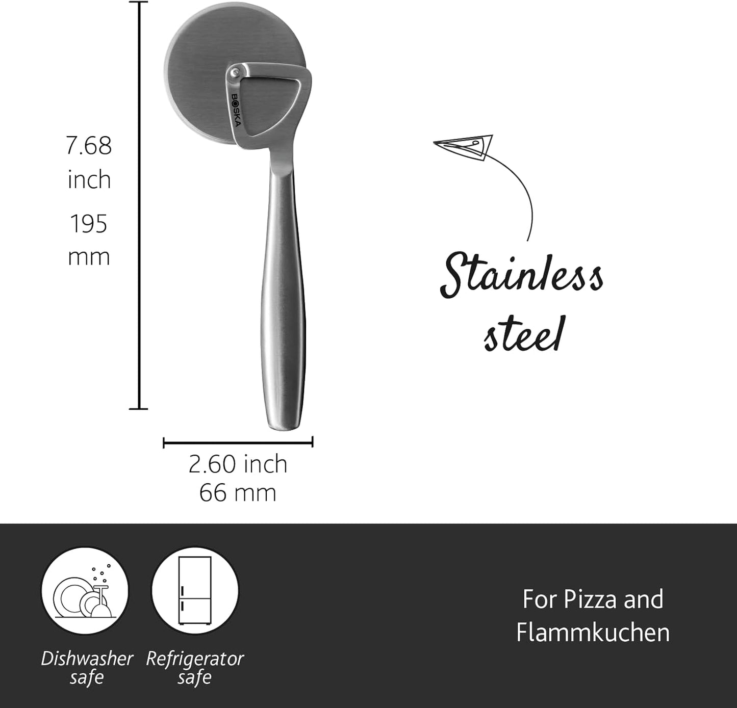 Boska Stainless Steel Pizza Cutter - Copenhagen Multifunctional Pizza Wheel Cutter - Handheld Food Slicer - Silver Non-Stick Adjustable Roller - Dishwasher Safe - For Kitchen Cooking