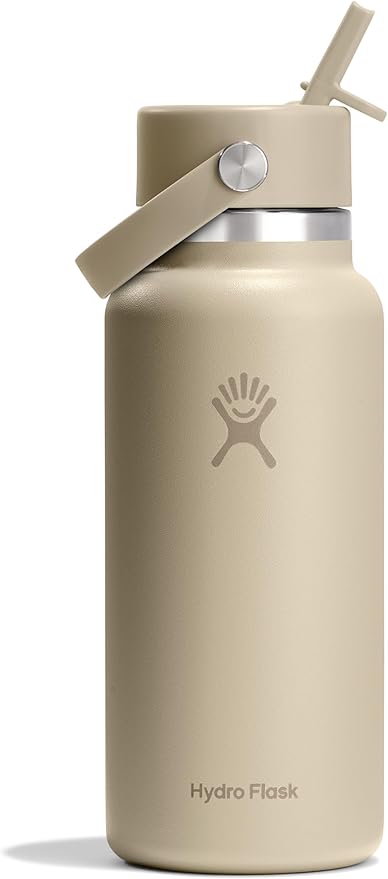 Hydro Flask Water Bottle - Insulated Stainless Steel - Wide Mouth Flex Straw Lid, Non Spill, Leakproof and Refillable in 32 Oz Tonal Oat