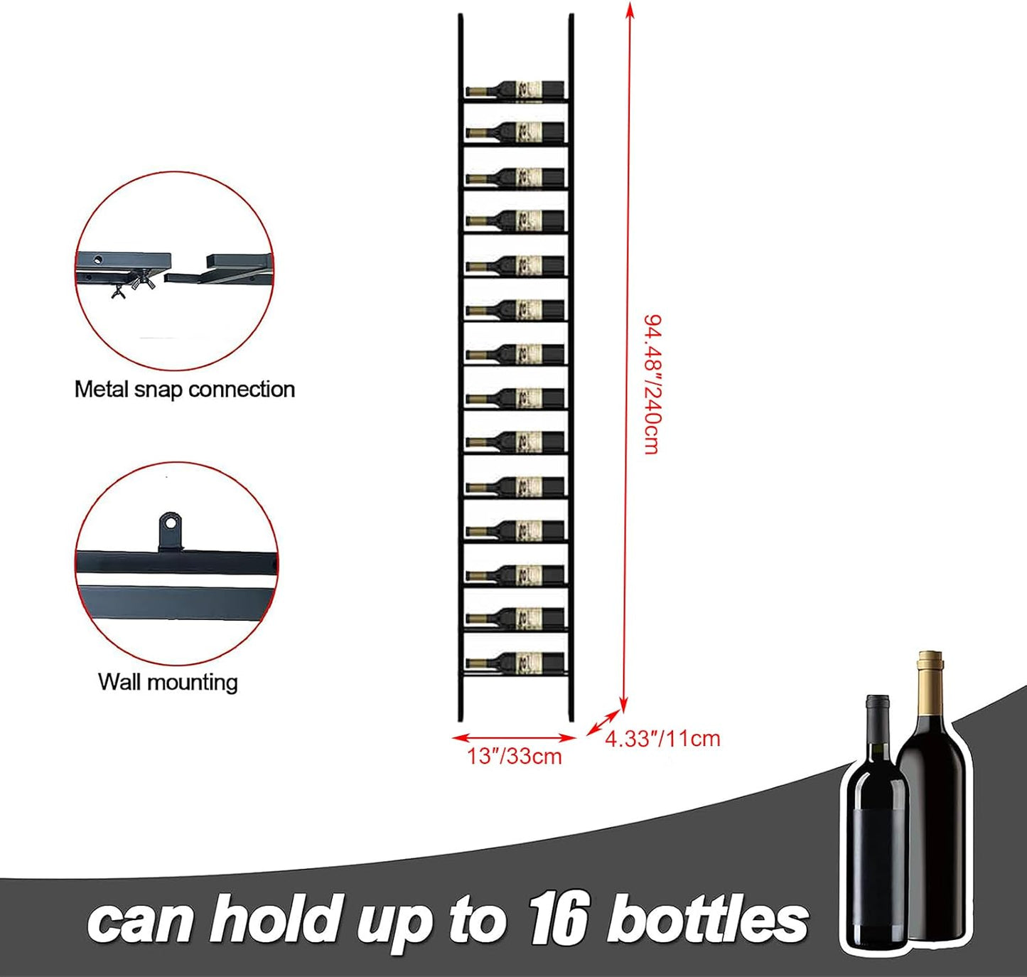 Wine Rack Freestanding Floor, 16 Tier 16 Bottle Capacity Display Holder, Industrial Wine Bottle Storage Shelves, for Any Bar, Wine Cellar, Kitchen, Dining Room (Brown, 1 Column)