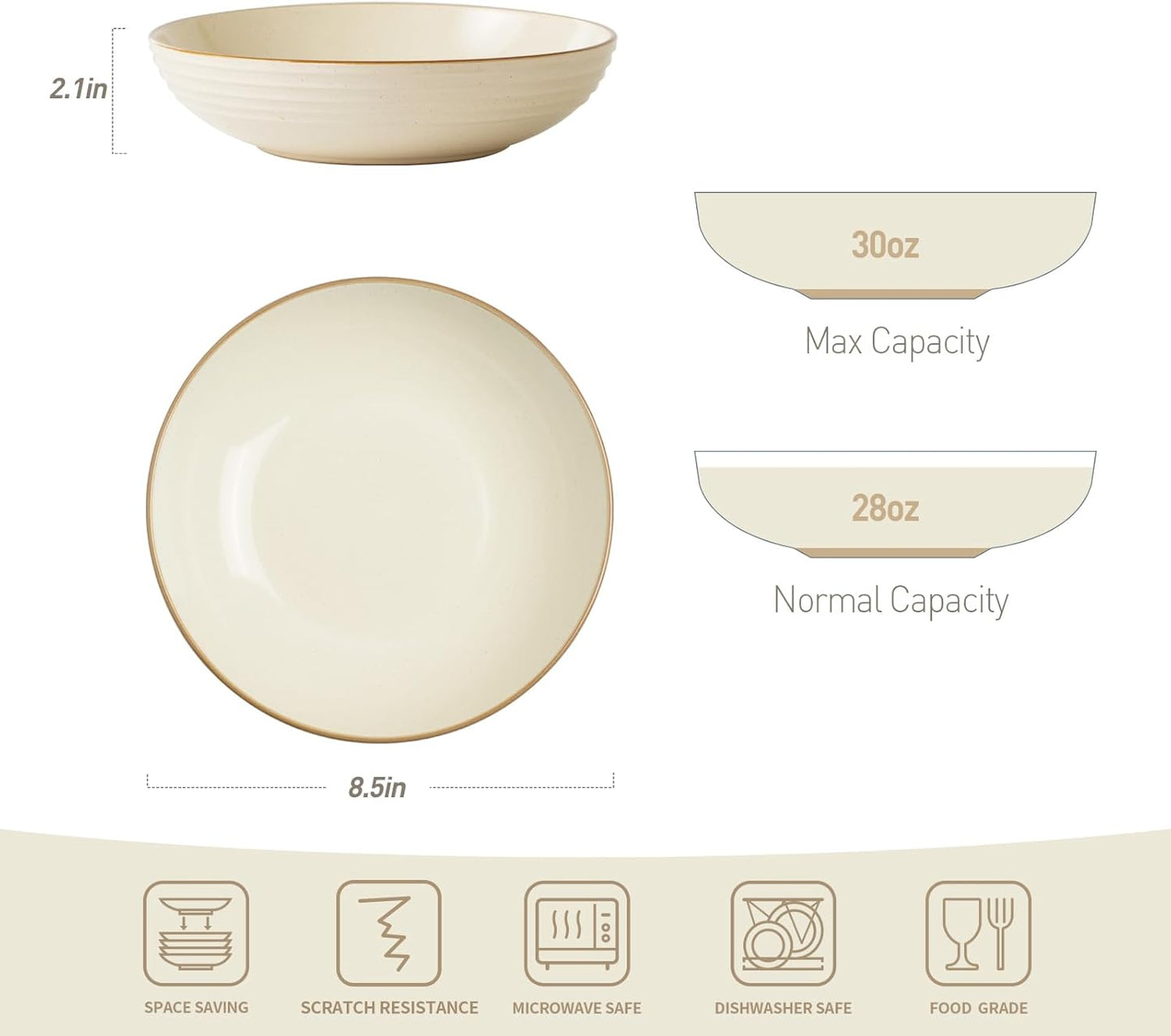famiware Jupiter Pasta Bowls, 30 OZ Large Salad Bowls Set of 4, Microwave and Dishwasher Safe, Sturdy and Stackable, Serving Bowls for Kitchen, Vanilla White