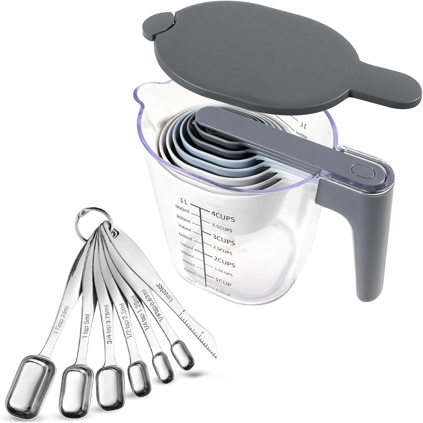 17 Piece Measuring Cups and Spoons Set, Stainless Steel Measuring Spoons Set and Stackable Measuring Cup with Lid for Liquid and Dry Ingredients, Cooking Baking Gadgets