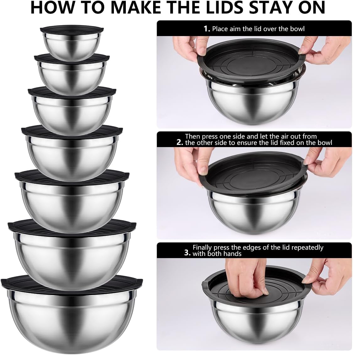 Mixing Bowls with Lids set - 25 PCS Stainless Steel Nesting Black Mixing Bowls Set for Baking, Mixing, Serving & Prepping, Size 5, 3.7, 2.8, 2.3, 1.7, 1.1, 0.7QT, 11 Cooking Utensils