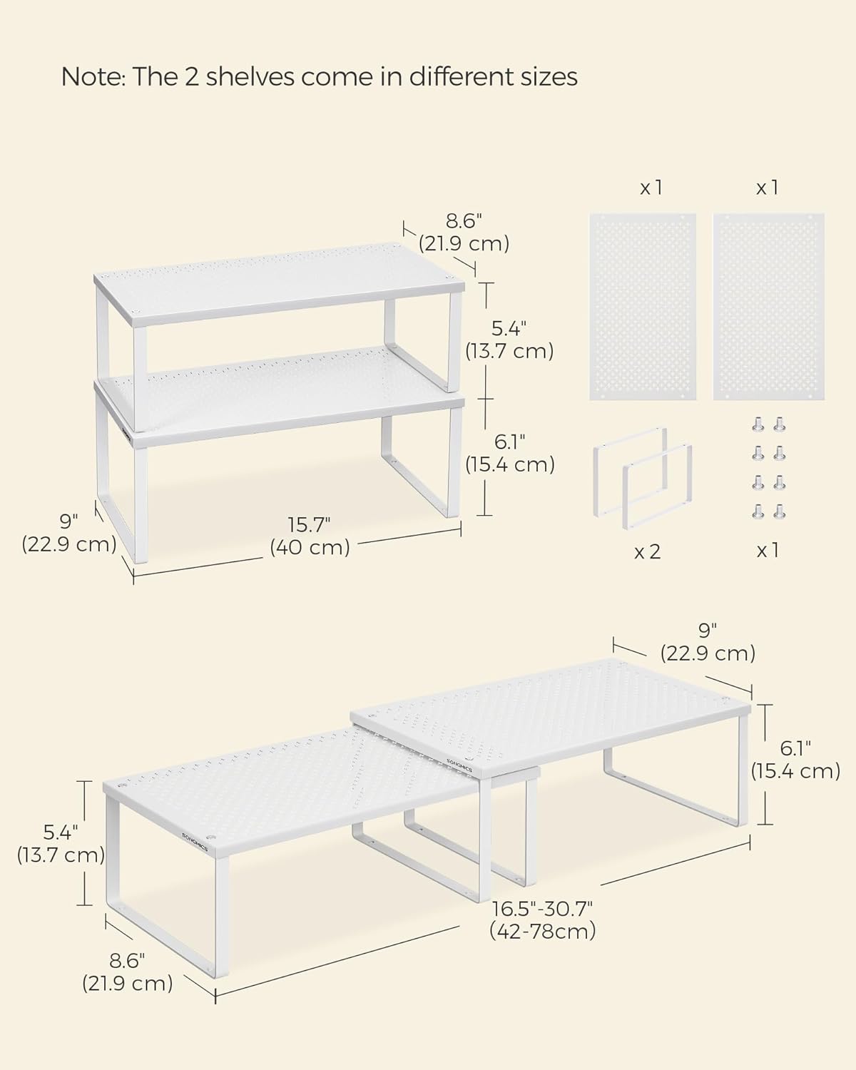 SONGMICS Spice Racks, Set of 2 Metal Cabinet Shelf Organizers, Countertop Organizers, Shelf Risers, Stackable, Expandable, White UKCS401W01