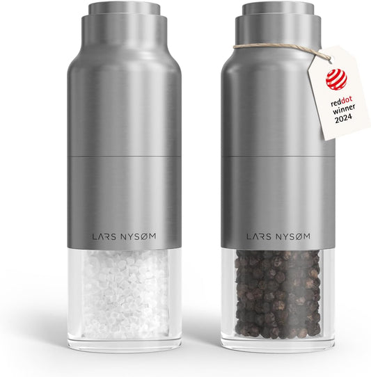 LARS NYSØM Salt and Pepper Grinder Set, Stainless Steel Manual Salt and Pepper Mills, Adjustable Ceramic Grinder, Design Spice Shakers (Stainless Steel)