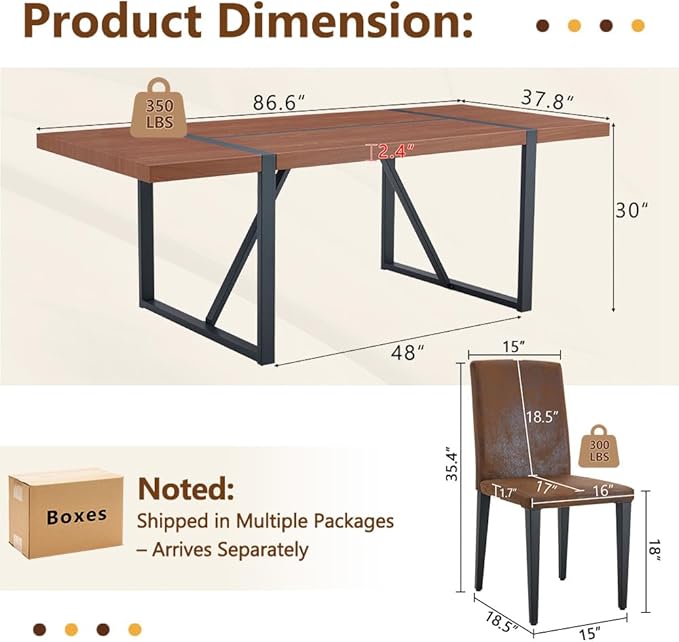 86.6" Dining Table Set for 6, Modern 7 Piece Wood Kitchen Table and Chairs Set, Rectangle Dining Room Table with 6 PU Leather Upholstered Chairs, Ideal for Apartment, Kitchen, Dining Room