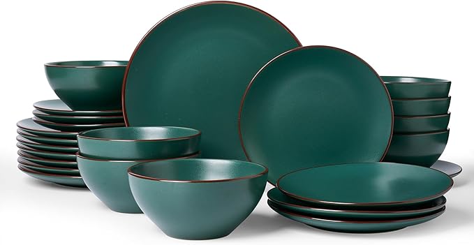 Famiware Venus Ceramic Plates and Bowls Sets, Speckled Dinnerware Dish Sets for 8 (24 Pieces) - Microwave and Dishwasher Safe, Matte Dark Green