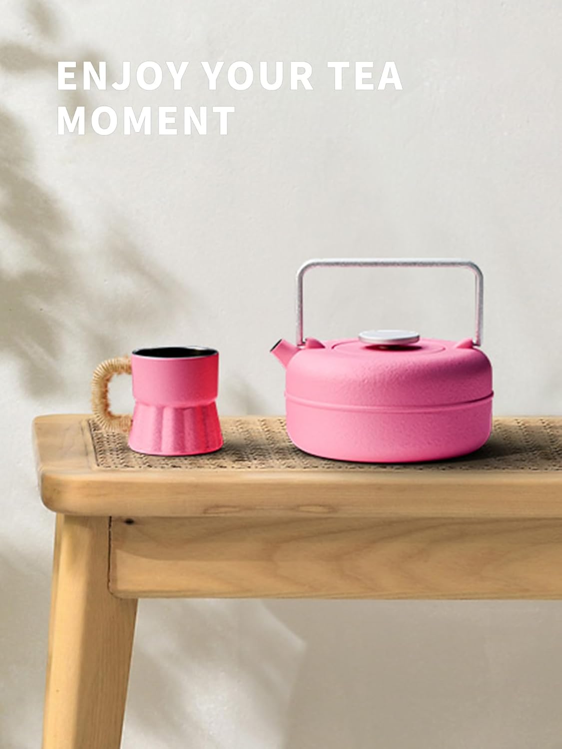 Toptier Teapot with Removable Infuser, Cast Iron Tea Kettle Stovetop Safe, Solid Geometry Cylinder Design Tea Pot Coated with Enameled Interior for 27 Ounce (800 ml), Rose Red