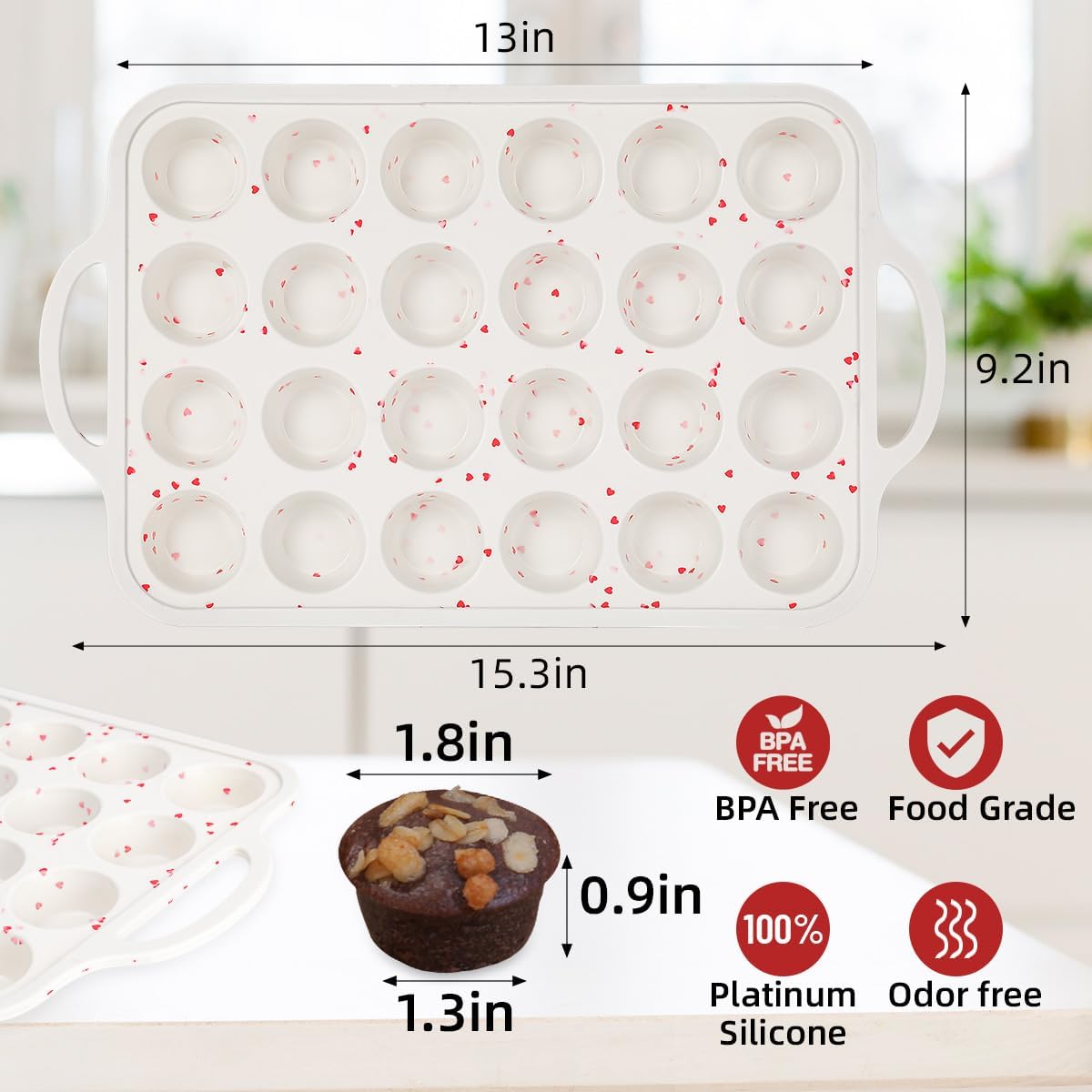 CAKETIME Mini Cupcake Pan, Metal Reinforced Frame Silicone Mini Muffin Pan Nonstick 24 Cups with Handle for Valentine's Day Baking Muffins, Cupcakes, Egg Bites 1 Pack