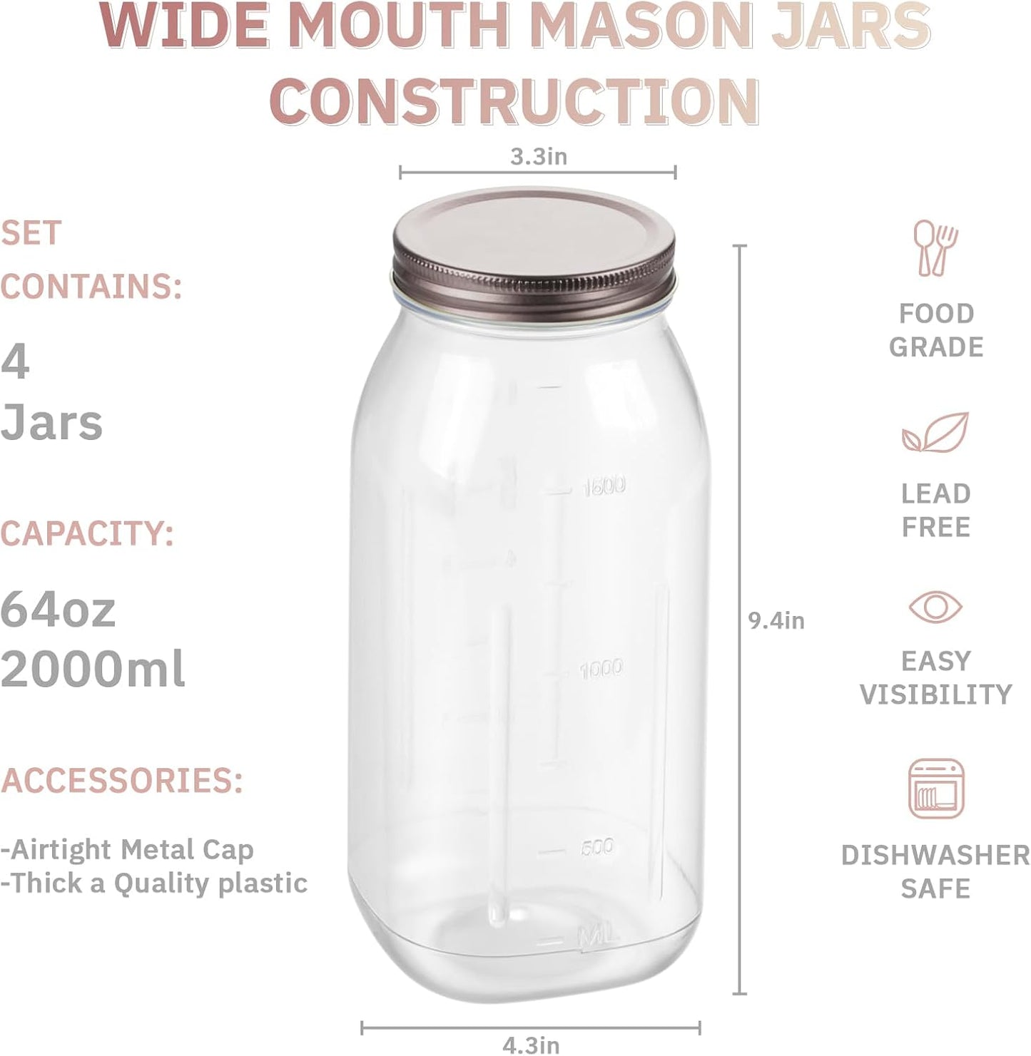 novelinks 64 oz Large Plastic Jars with Metal Lids - 4 Pack BPA-Free Clear Storage Containers for Pantry, Pickles, Sauces, Flour, Snacks - Leak-Proof Airtight Food Grade Jars for Kitchen (Rose Gold)