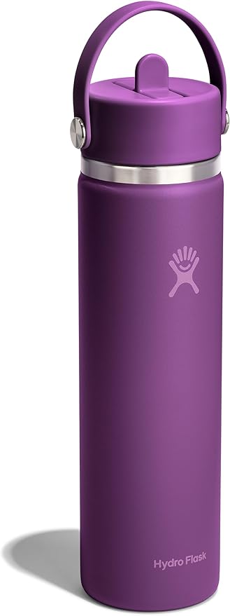 Hydro Flask Water Bottle - Insulated Stainless Steel - Wide Mouth Flex Straw Lid, Non Spill, Leakproof and Refillable in 24 Oz Beachplum Purple