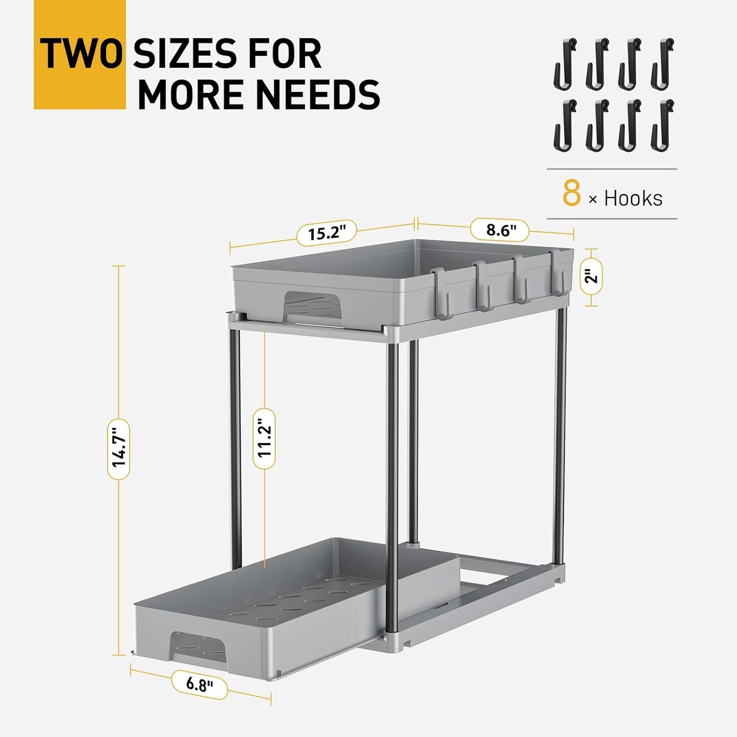 Delamu Under Sink Organizers and Storage, 2 Pack Pull Out Kitchen Bathroom Cabinet Organizer, 2 Tier Grey Under Sink Storage for Bathroom Kitchen
