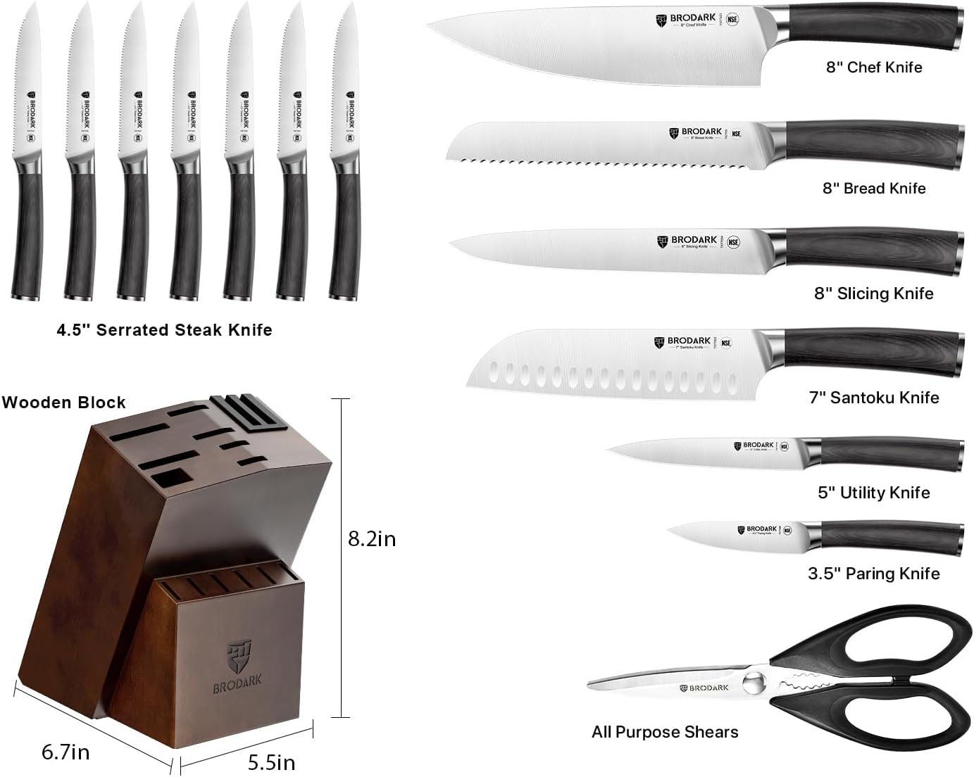 BRODARK Kitchen Knife Set, Ultra Sharp 15 Pcs Knife Set with Block, Full Tang Chef Knife Set, High Carbon Stainless Steel Knife Block Set with Sharpener, Wooden Handle