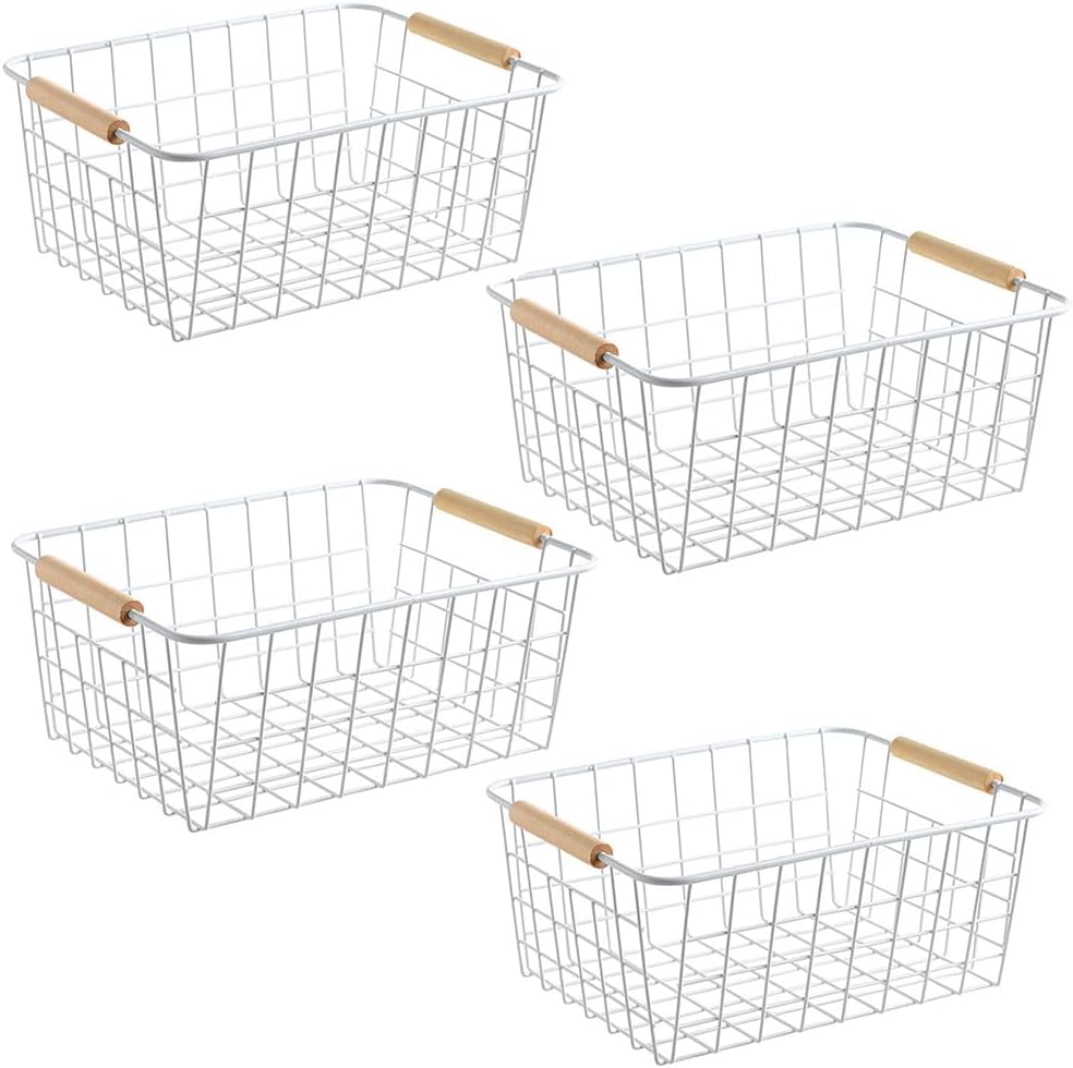 LeleCAT White Wire Baskets with Handles Wire Storage Organizer Baskets For Kitchen, Household Refrigerator for Cabinets, Pantry, Closets, Bedrooms - Set of 4(White)