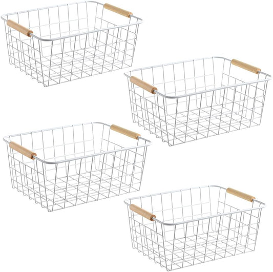 LeleCAT White Wire Baskets with Handles Wire Storage Organizer Baskets For Kitchen, Household Refrigerator for Cabinets, Pantry, Closets, Bedrooms - Set of 4(White)