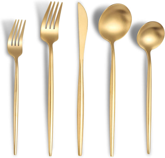 Matte Gold Silverware Set for 6,Modern Stainless Steel Brushed Cutlery Set,30-Pieces Heavy Duty Flatware Set,Knives Spoons and Forks Set Utensils Set,Satin Finish,Dishwasher Safe