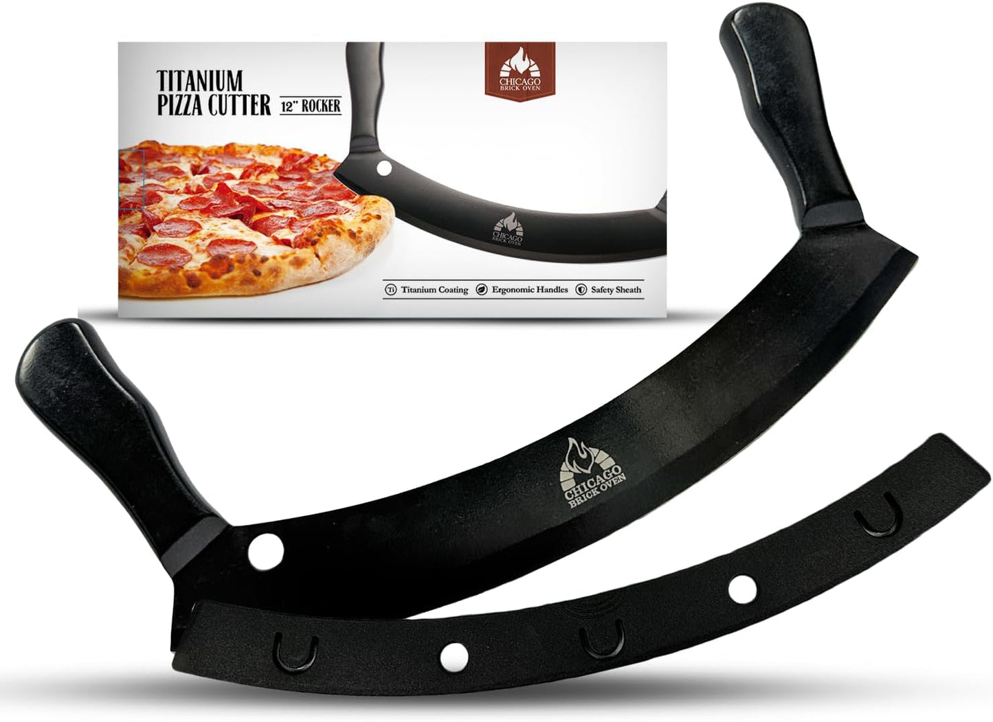 12-Inch Pizza Cutter Rocker Blade – Stainless Steel Mezzaluna Knife with Titanium Coating – Large Professional Pizza Cutter with Protective Cover – Dishwasher Safe