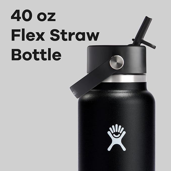 Hydro Flask Water Bottle - Insulated Stainless Steel - Wide Straw Lid, Non Spill, Leakproof in 40 Oz Black