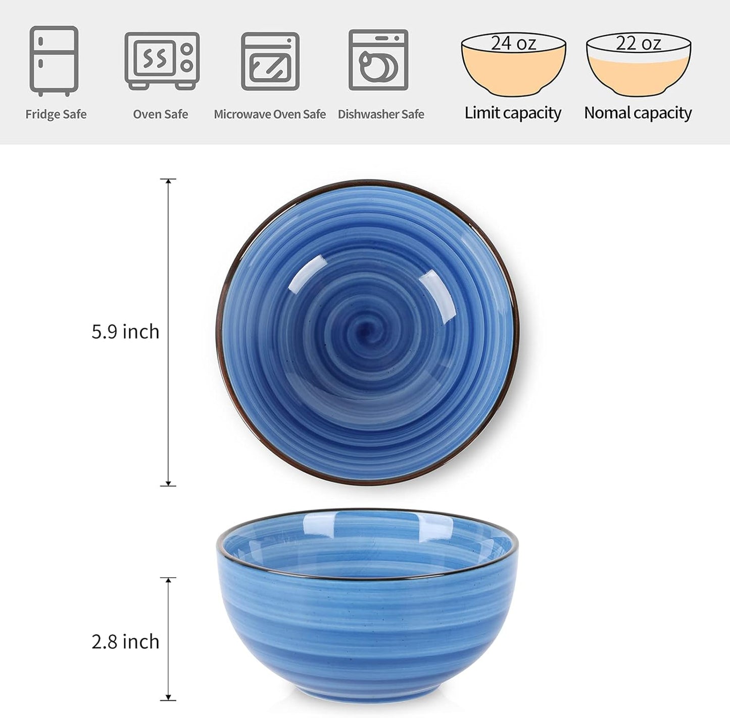 Selamica Ceramic 24 Oz Cereal Bowls Set, Deep Soup Bowls, 5.9 Inch Porcelain Kitchen Bowls for Pasta Salad Dessert Oatmeal Ramen, Microwave Dishwasher Safe, Set of 6, Gradient Blue