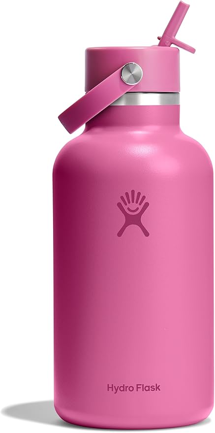 Hydro Flask Water Bottle - Insulated Stainless Steel - Wide Mouth Flex Straw Lid, Non Spill, Leakproof and Refillable in 64 Oz Reef Pink