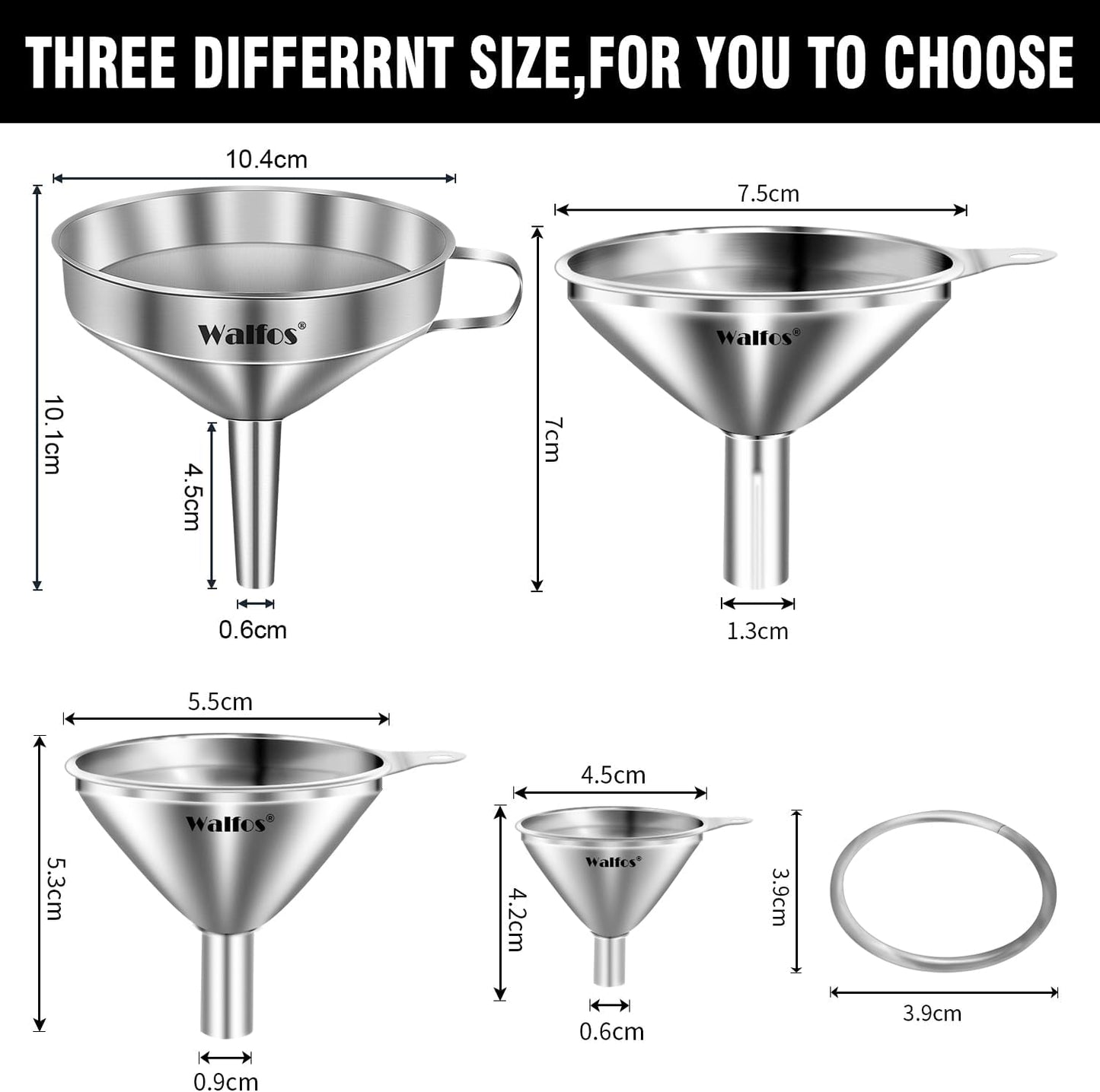 Stainless Steel Funnel, Walfos 4 Pack(4in、3 in、2.2 in、1.7in Kitchen Funnel with 2 Removable Strainer ＆ 1Pcs Cleaning Brush, Perfect for Transferring of Liquid, Oils, Jam, Dry Ingredients & Powder