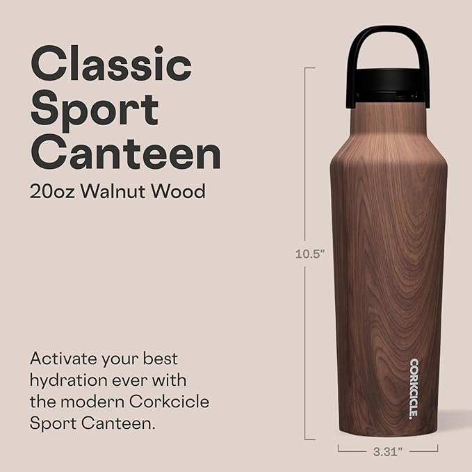 Corkcicle Sport Canteen - Keeps Drinks Cold 25 Hours - Stainless Steel Water Bottle - Triple-Insulated - Spill-Proof - Summer Drinkware Gift - Keeps Drinks Ice Cold - 20 oz - Walnut Wood