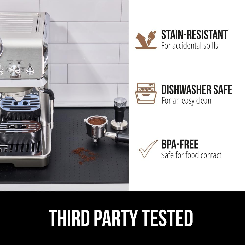 GORILLA GRIP Silicone Coffee Mat, 15x23, Espresso Drink Bar Station Accessories, Use Under Machine, Waterproof Heat Resistant Multi-Use Dish Drying Mats, Stays in Place, Kitchen Home Decor, Black