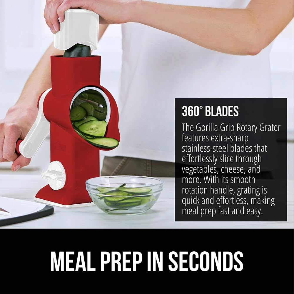 GORILLA GRIP BPA-Free Rotary Cheese Grater Hand Crank, Easy to Set Up, Strong Suction Base for Kitchen Countertop, Shred Potato, Vegetable, Nuts in Seconds, Round Mandoline Slicer, 3 Blades, Red