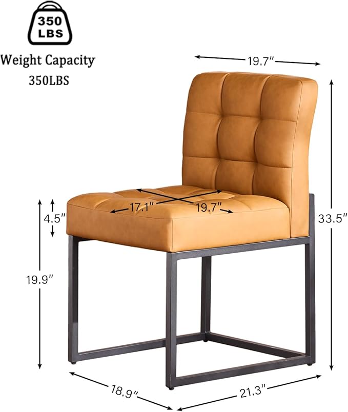 Brown Faux Leather Dining Chairs Set of 2, Mid-Century Modern Dining Room Chairs with Armless, Checkered Kitchen Chair with Metal Legs