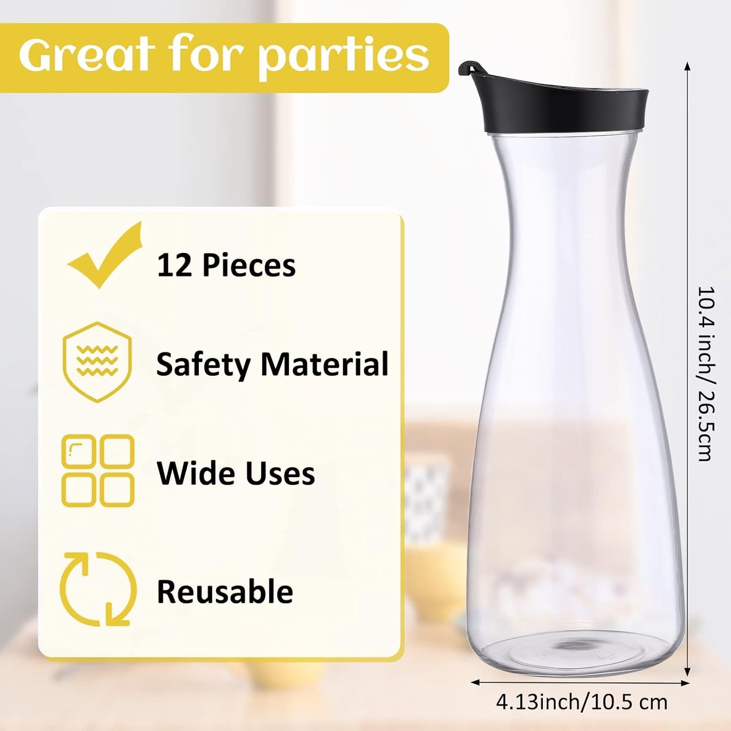Xinnun 12 Pcs Water Carafe with Flip Top Lid Plastic Carafe with Black Lid Clear Plastic Water or Juice Beverage Pitcher Beverage Pitcher Jug for Restaurant Party School Bar Juice Milk Coffee