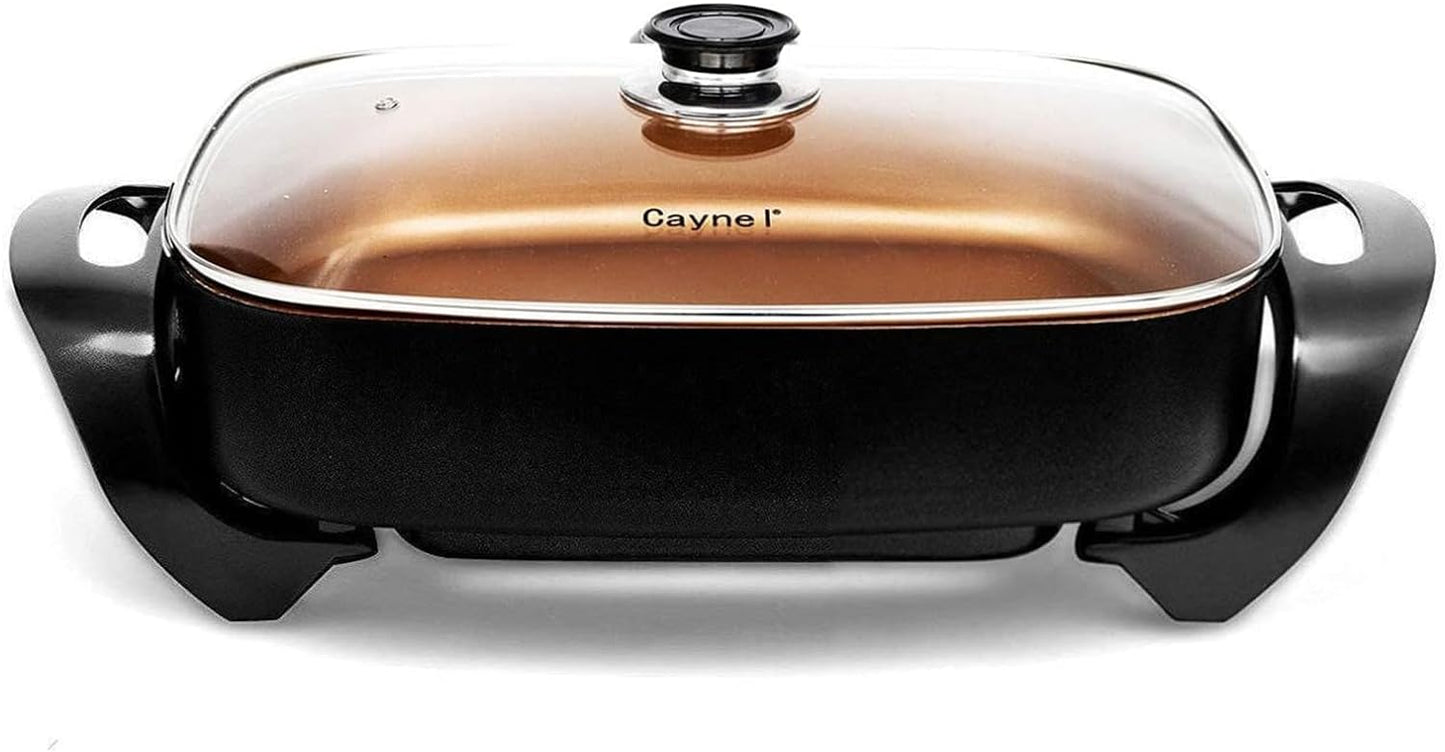 Caynel Professional Non-stick Copper Electric Skillet Jumbo, Deep Dish with Tempered Glass Vented Lid, Upgrade Thermostat, 16”x 12”x 3.15”- 8 quart