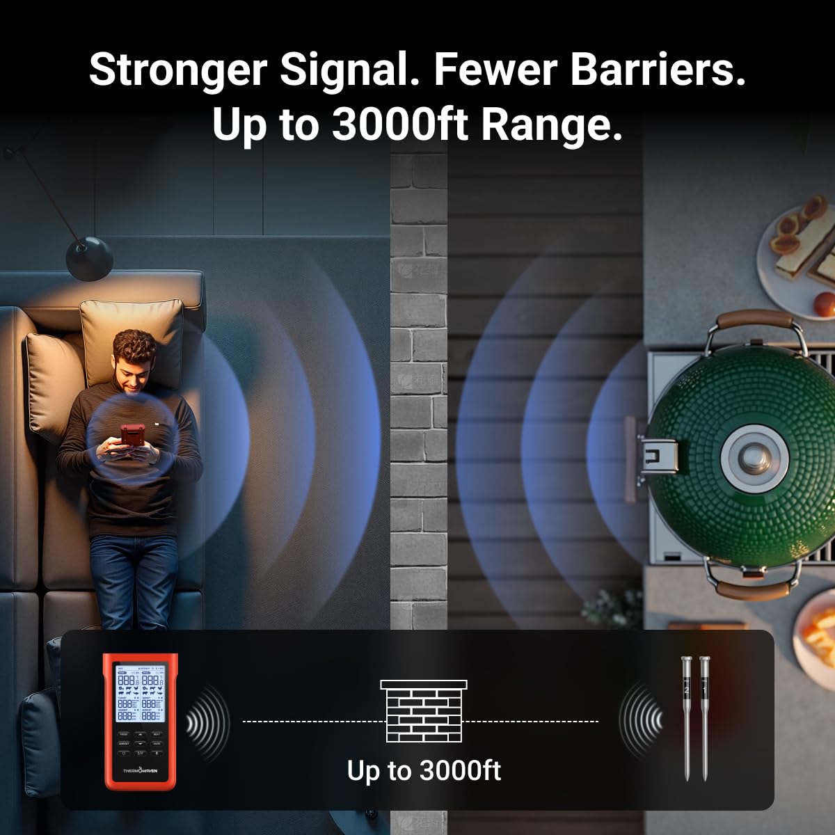 ThermoMaven 3000FT Smart Wireless Meat Thermometer, Sub-1G Long Range, 6 Sensors NIST Certified Accuracy, 2 Thin Probes, Standalone Base with Large LCD for Grill, Smoker, Oven, BBQ