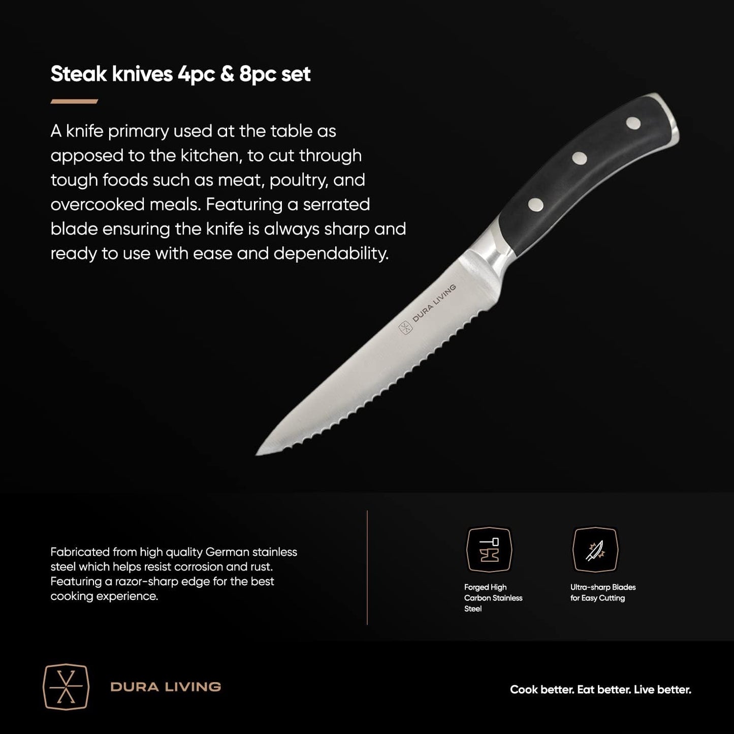 8-Piece Serrated Kitchen Steak Knife Set – Forged High Carbon Stainless Steel, Ultra Sharp, Ergonomic Black Handles, Durable Dinner Knives, Black Handle