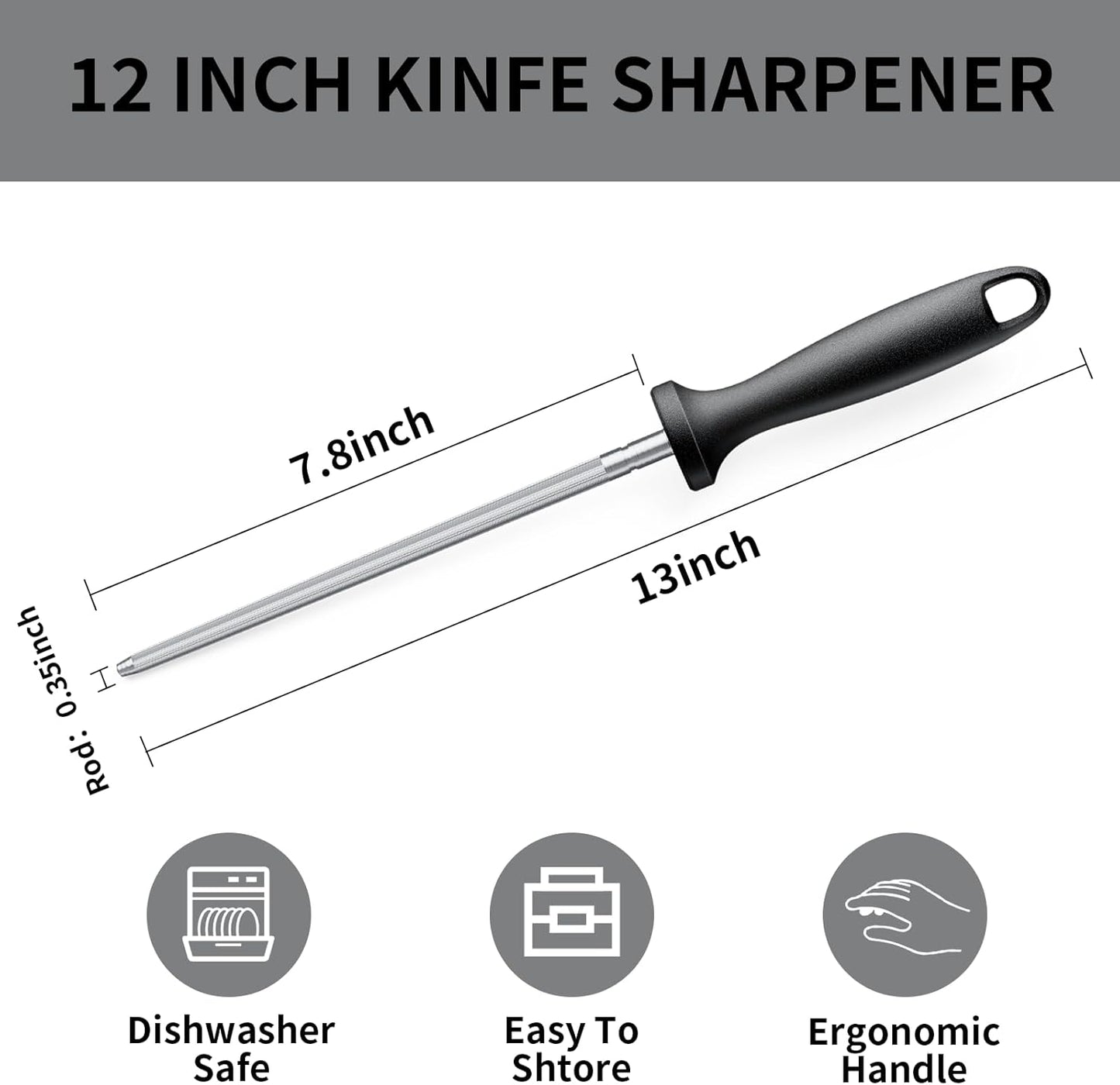 Knife Sharpener Rod, Kitchen Knives Sharpener Carbon Steel Professional Knife Sharpening Steel, Honing Rod with Hanging Holes (13 inches)