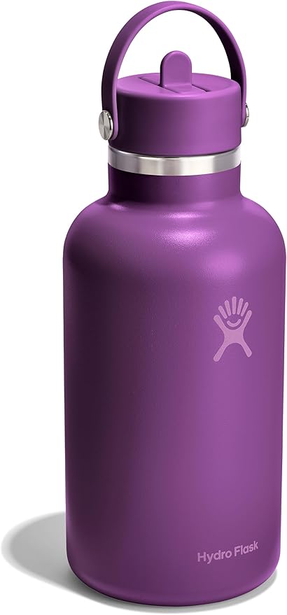 Hydro Flask Water Bottle - Insulated Stainless Steel - Wide Mouth Flex Straw Lid, Non Spill, Leakproof and Refillable in 64 Oz Beachplum Purple