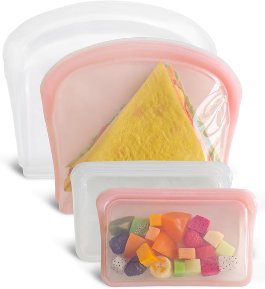 Reusable Silicone Storage Bags, 4Pack Snack Sandwich Sandwich Bags, Endurables Seal-Top Silicone Bags for Food Storage, Freezer, Microwave, Oven, Dishwasher Safe (Clear & Rose Quartz)