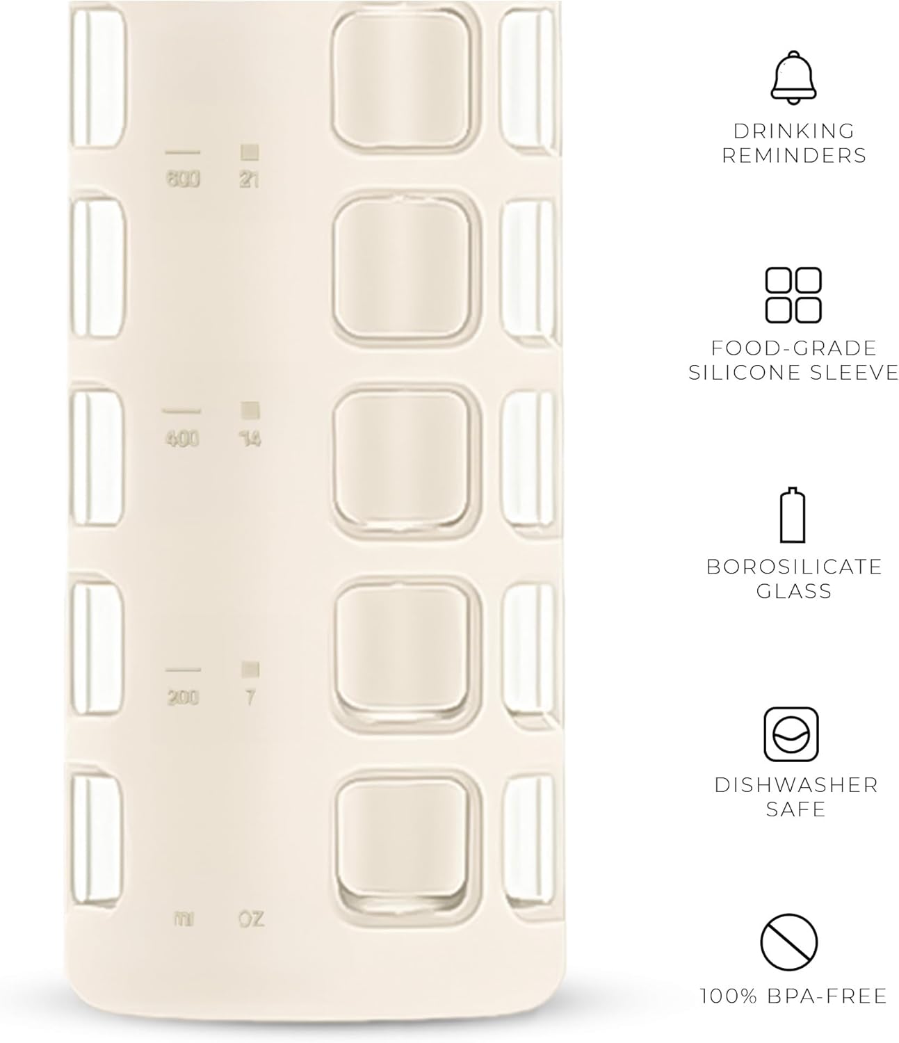 purifyou 40oz / 32oz / 22oz / 12oz Borosilicate Glass Water Bottle with Time & Volume Markers, Silicone Sleeve, Stainless Steel Lid – Reusable Glass Bottle for Water & Juice (32oz Pearled Ivory)