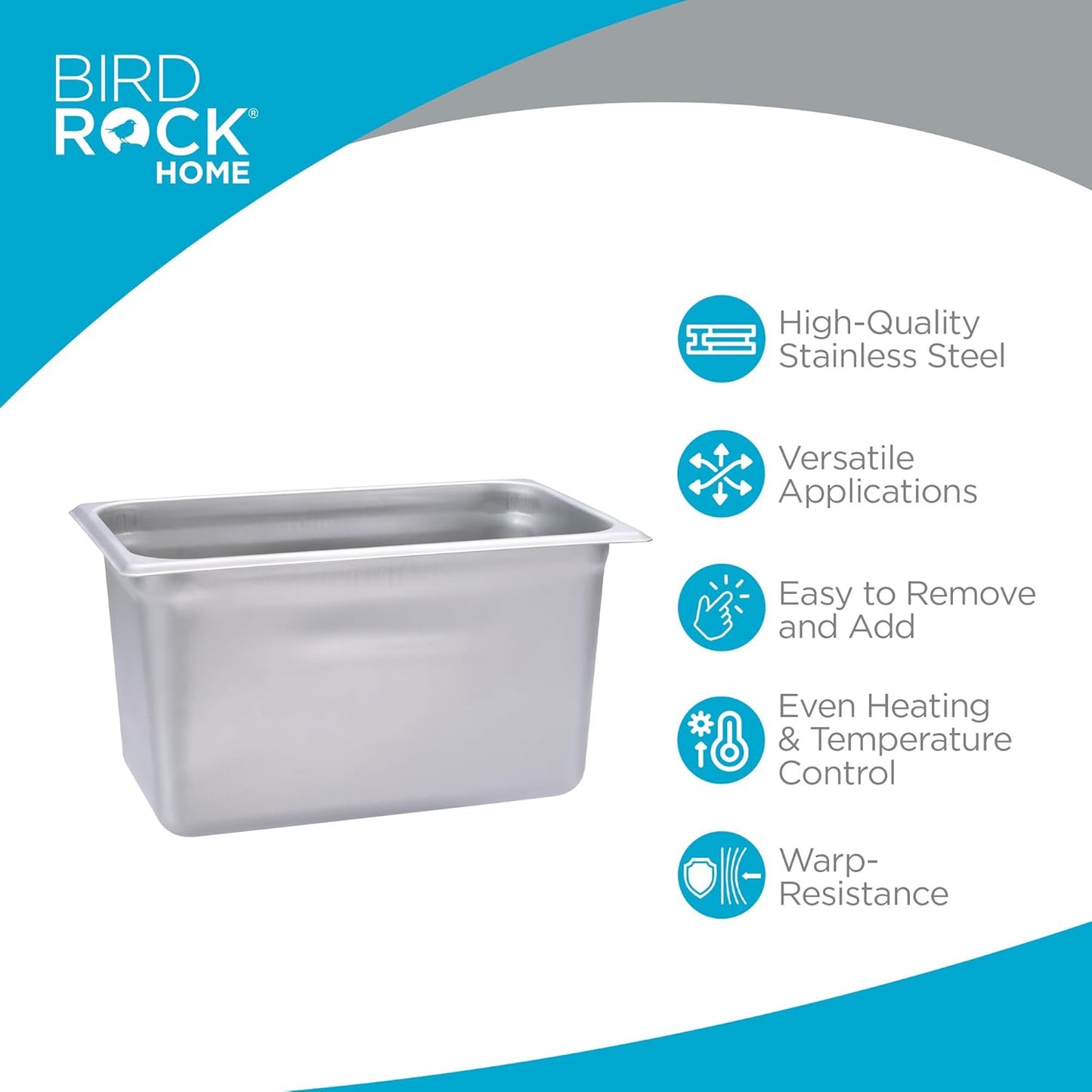 BIRDROCK HOME Stainless Steel Steam Table Pan - Hotel, Restaurant & Catering Supplies - 24 Gauge Steel, 4.3 qt Capacity - Meal Prep, Cooking, & Food Storage Container - 6" Depth, 1/4-Size (6 Pack)