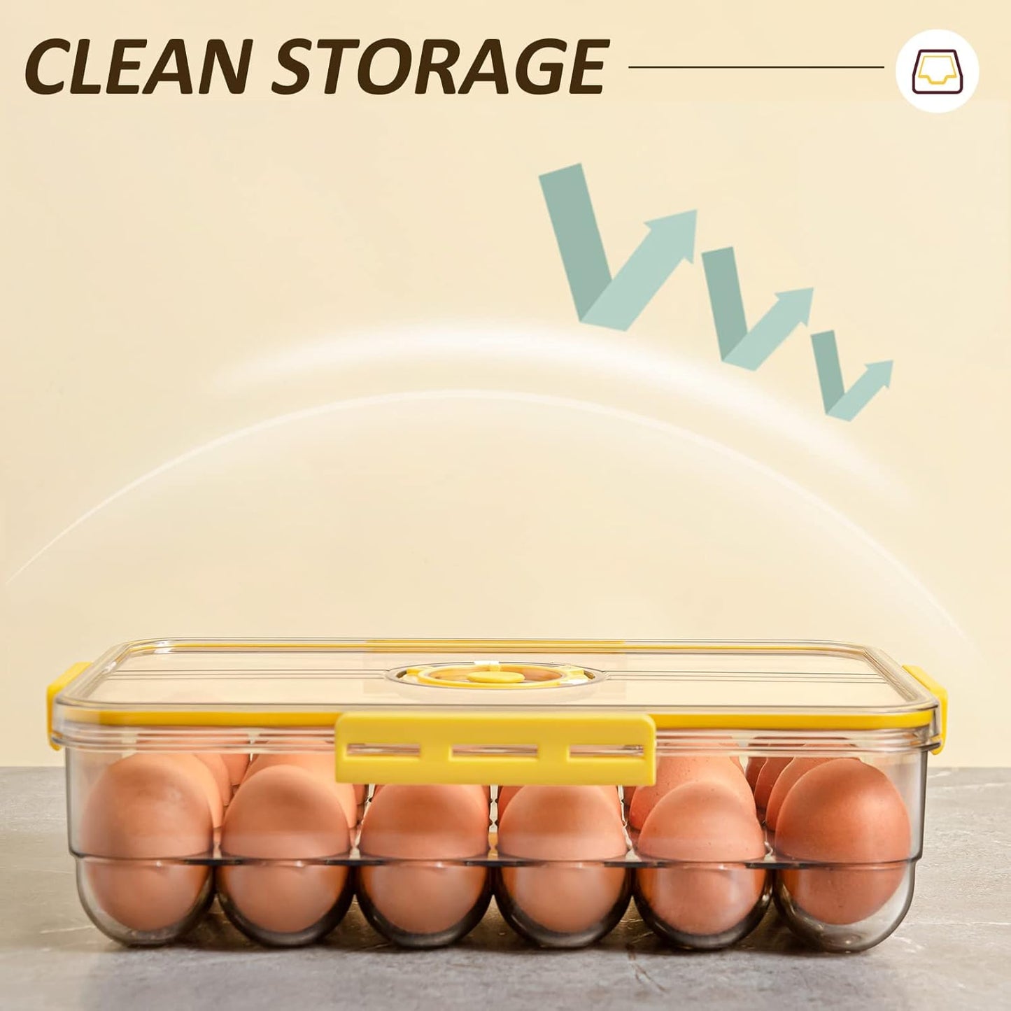 CottonColors Egg Holder for Fridge - 18 Container for Refrigerator, Plastic Organizer, Stackable Storage With Lids for Timer