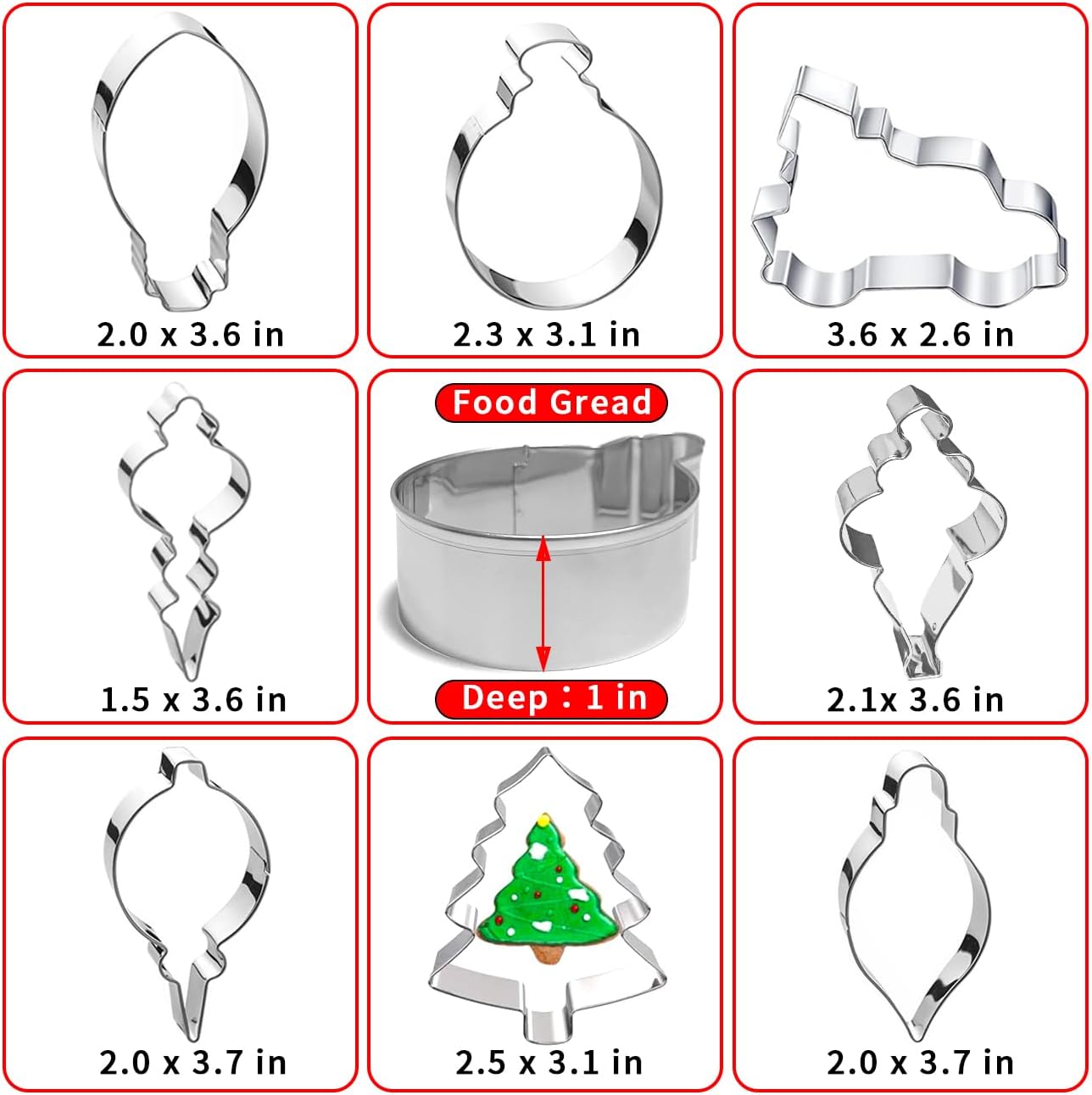Christmas Ornament Cookie Cutters 8Pcs, Large Cookie Cutters Sturdy Stainless Steel Fondant Dough Cutters for Baking Christmas Decoration