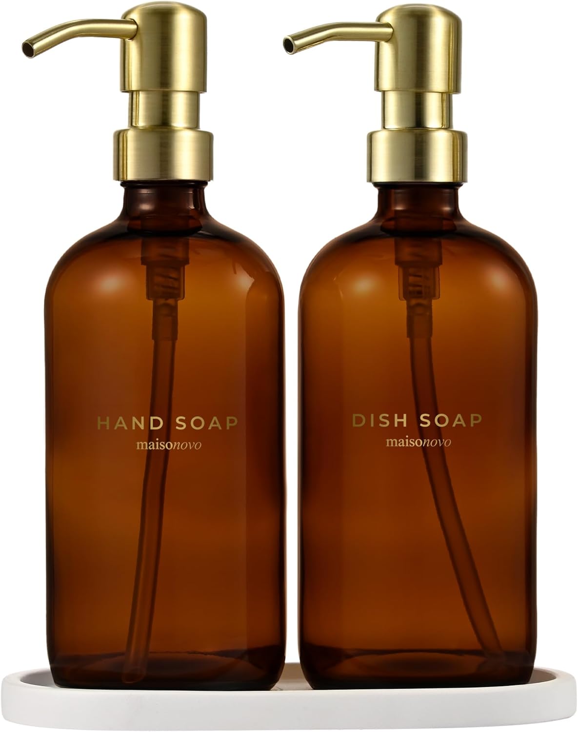 MaisoNovo Soap Dispenser 3-Piece Set | 16.9oz Amber Bottles with Gold Stainless Steel Pumps