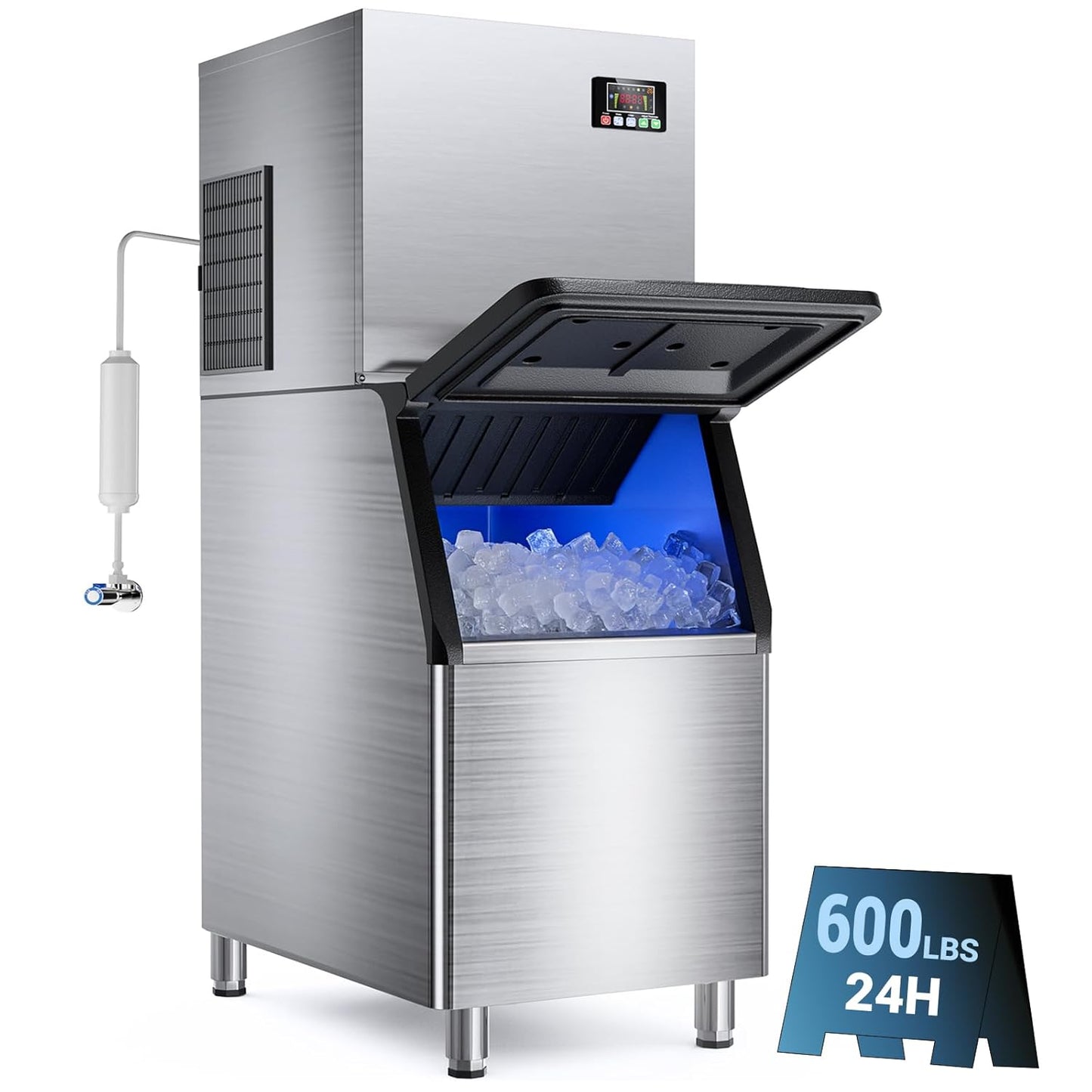 600LBS/24H Commercial Ice Machine Maker, 420LBS Capacity Large Industrial Ice Maker, Clear Ice Cubes Ready in 5-15min, Micron Water Purification Filter 99% impurities, for Cafe, Bar