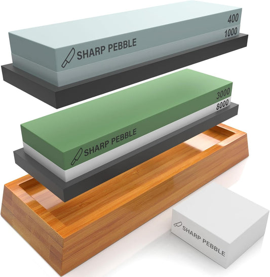 Sharp Pebble Knife Sharpening Stones Kit with 400/1000 and 3000/8000 Grit with Flattening Stone