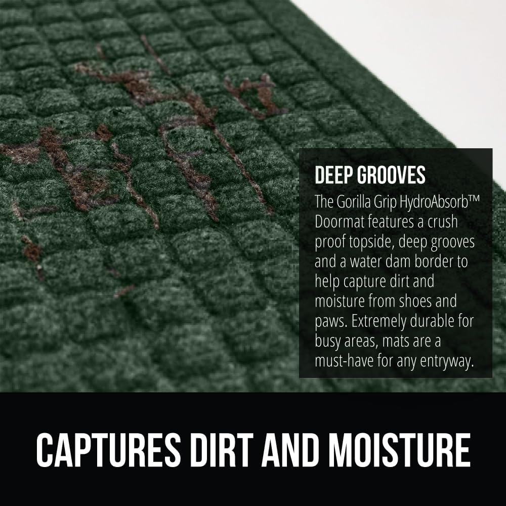GORILLA GRIP Front Door Mat, 35x23, Indoor Outdoor Ultra Absorbent HydroAbsorb Doormat, Absorbs Up to 5.7 Cups of Water, Stain and Fade Resistant, Rubber Backing Doormats, Captures Dirt, Green