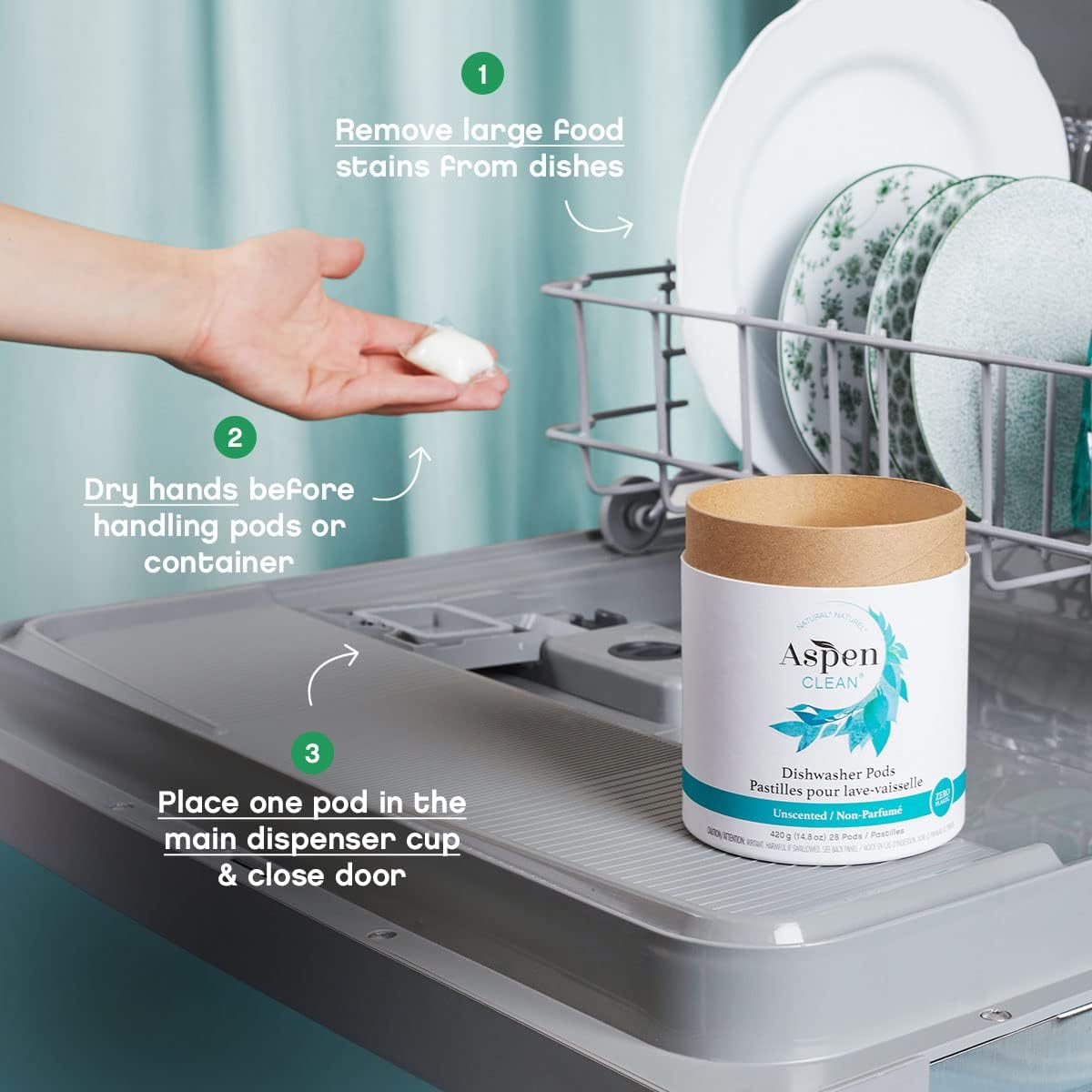 Unscented Dishwasher Pods by AspenClean, Dye-Free, Zero Plastic, EWG Verified™, Vegan, Eco-Friendly, Natural Dishwasher Detergent - 28 Count