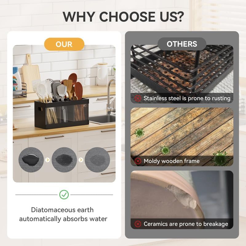 Yofidra Bamboo Utensil Holder & Silverware Organizer: Extra Large Cooking Spoon Holder with Absorbing Drying Stone and 6 Compartments Kitchen Countertop Farmhouse Decor 11.8"X4.7"X5.9" Black